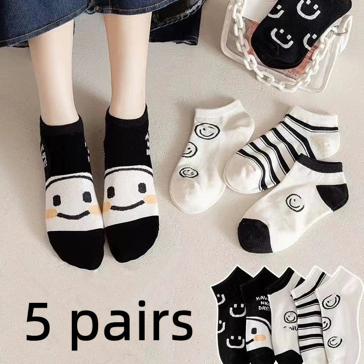 5 Pairs Happy Face Crew Socks , Cartoon Cat Breathable Cotton Mid Tube Socks, Women's Stockings & Hosiery