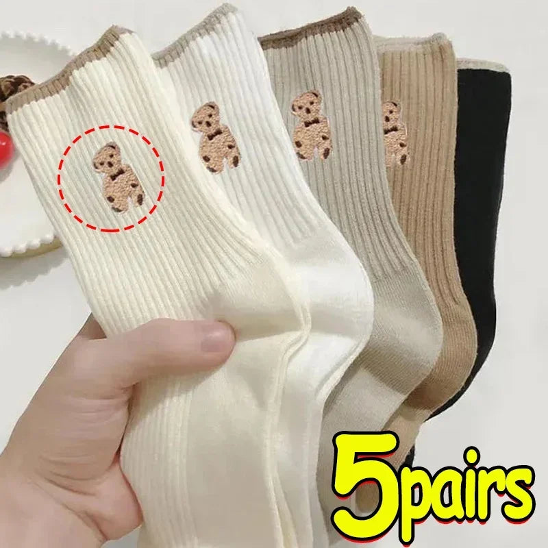 5pairs Cartoon Bear Socks Soft Cotton Socks Autumn Coffee Stockings Kawaii Women Socks Korean Casual Stockings Women Hosiery