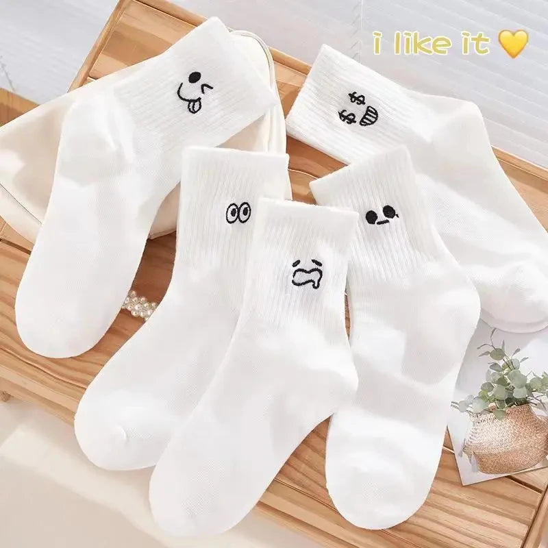 5 Pairs Happy Face Crew Socks , Cartoon Cat Breathable Cotton Mid Tube Socks, Women's Stockings & Hosiery