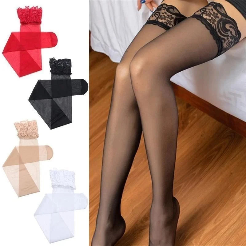 Women Stockings 9 Colors Thigh High Tights Sexy Floral Lace Patchwork Socks Transparent Silk Stocking with Lace Socks Woman