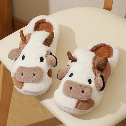 Winter Unisex Cartoon Cow Warm Plush Slippers Couple's Indoor Non-slip House Slides Men And Women Toe Wrap Home Cotton Shoes