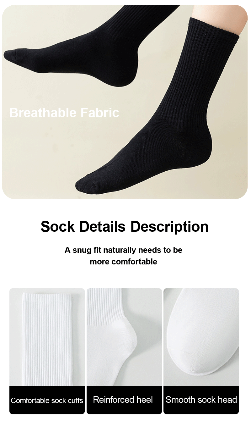 6 Pairs Middle Tube Socks For Men And Women Solid Colour In White and Black Fashion Sweat Absorption Breathable and Casual