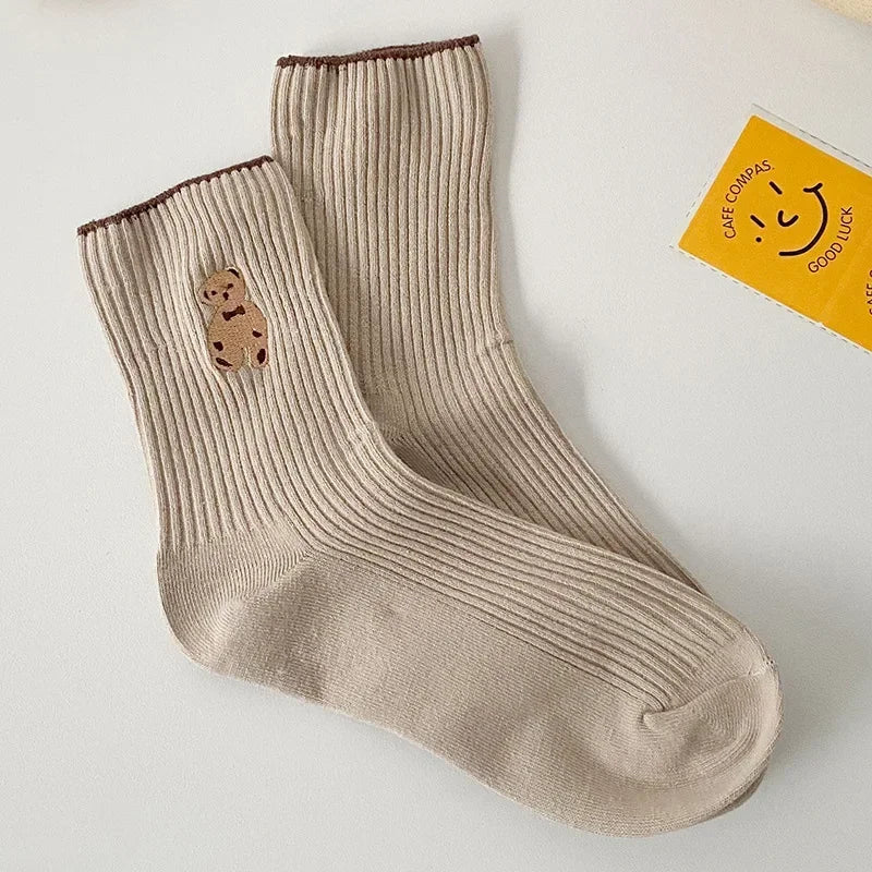 5pairs Cartoon Bear Socks Soft Cotton Socks Autumn Coffee Stockings Kawaii Women Socks Korean Casual Stockings Women Hosiery