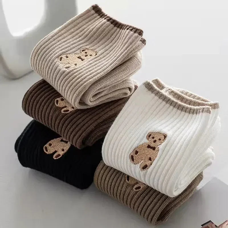 5pairs Cartoon Bear Socks Soft Cotton Socks Autumn Coffee Stockings Kawaii Women Socks Korean Casual Stockings Women Hosiery