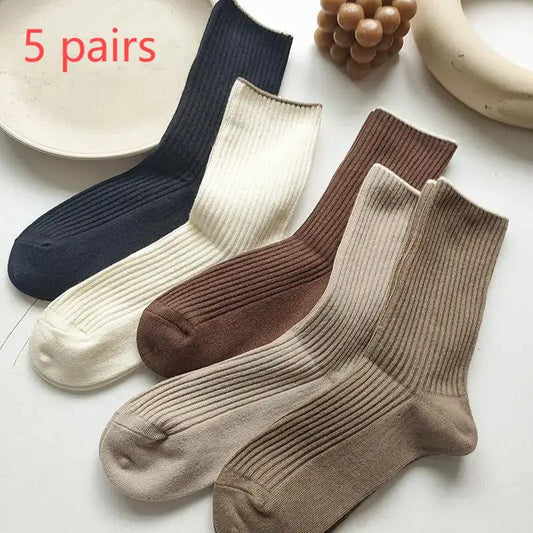 5 Pairs Of New Japanese Socks Set Solid Color Women's Casual Cotton Socks Autumn Simple Women's Medium Length Socks