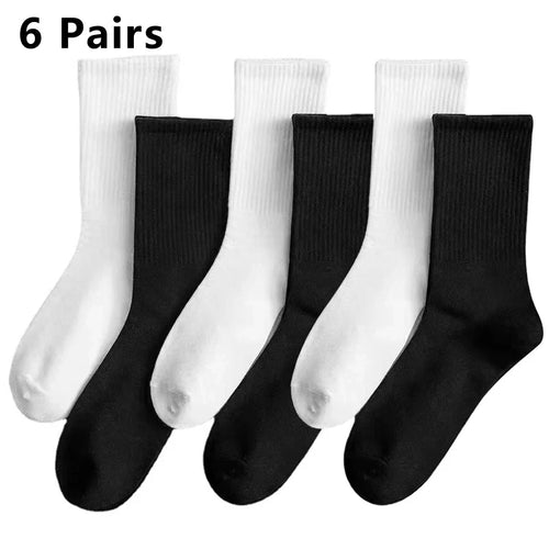 6 Pairs Middle Tube Socks For Men And Women Solid Colour In White and Black Fashion Sweat Absorption Breathable and Casual