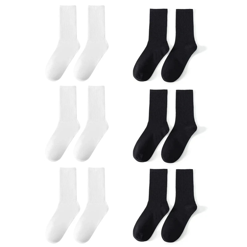 6 Pairs Middle Tube Socks For Men And Women Solid Colour In White and Black Fashion Sweat Absorption Breathable and Casual