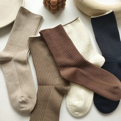 5 Pairs Of New Japanese Socks Set Solid Color Women's Casual Cotton Socks Autumn Simple Women's Medium Length Socks