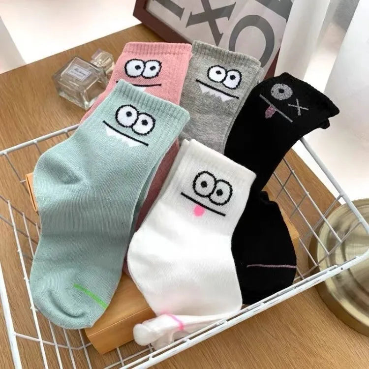 5 Pairs Happy Face Crew Socks , Cartoon Cat Breathable Cotton Mid Tube Socks, Women's Stockings & Hosiery