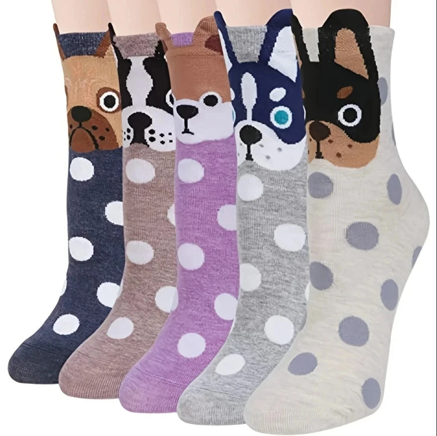 5 Pairs Happy Face Crew Socks , Cartoon Cat Breathable Cotton Mid Tube Socks, Women's Stockings & Hosiery