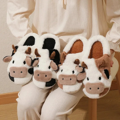 Winter Unisex Cartoon Cow Warm Plush Slippers Couple's Indoor Non-slip House Slides Men And Women Toe Wrap Home Cotton Shoes