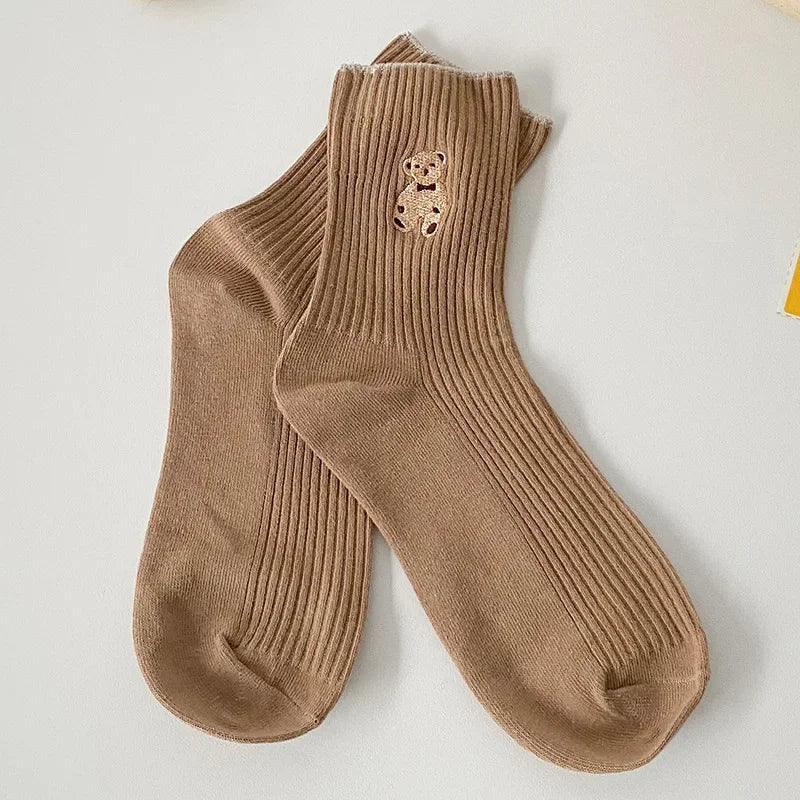 5pairs Cartoon Bear Socks Soft Cotton Socks Autumn Coffee Stockings Kawaii Women Socks Korean Casual Stockings Women Hosiery