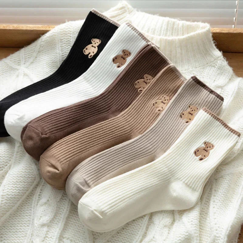 5pairs Cartoon Bear Socks Soft Cotton Socks Autumn Coffee Stockings Kawaii Women Socks Korean Casual Stockings Women Hosiery