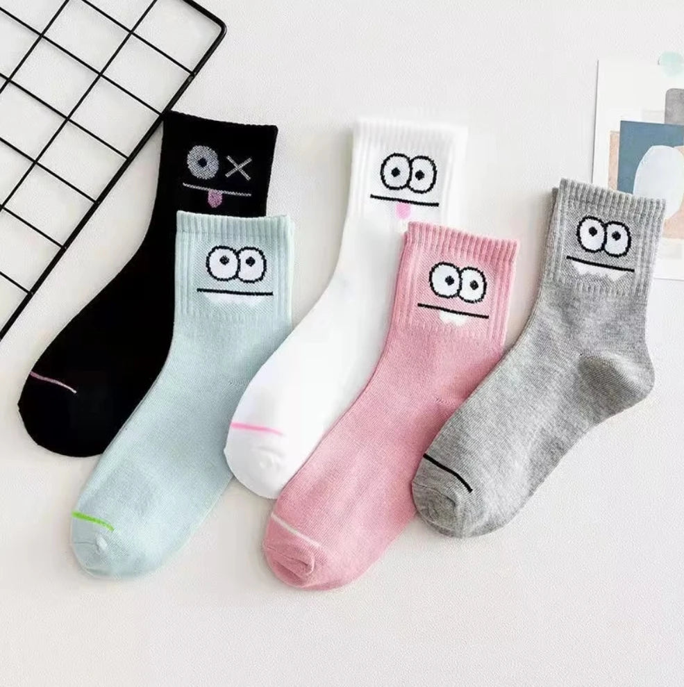 5 Pairs Happy Face Crew Socks , Cartoon Cat Breathable Cotton Mid Tube Socks, Women's Stockings & Hosiery