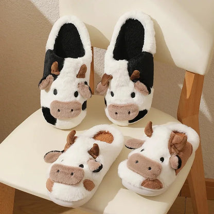 Winter Unisex Cartoon Cow Warm Plush Slippers Couple's Indoor Non-slip House Slides Men And Women Toe Wrap Home Cotton Shoes