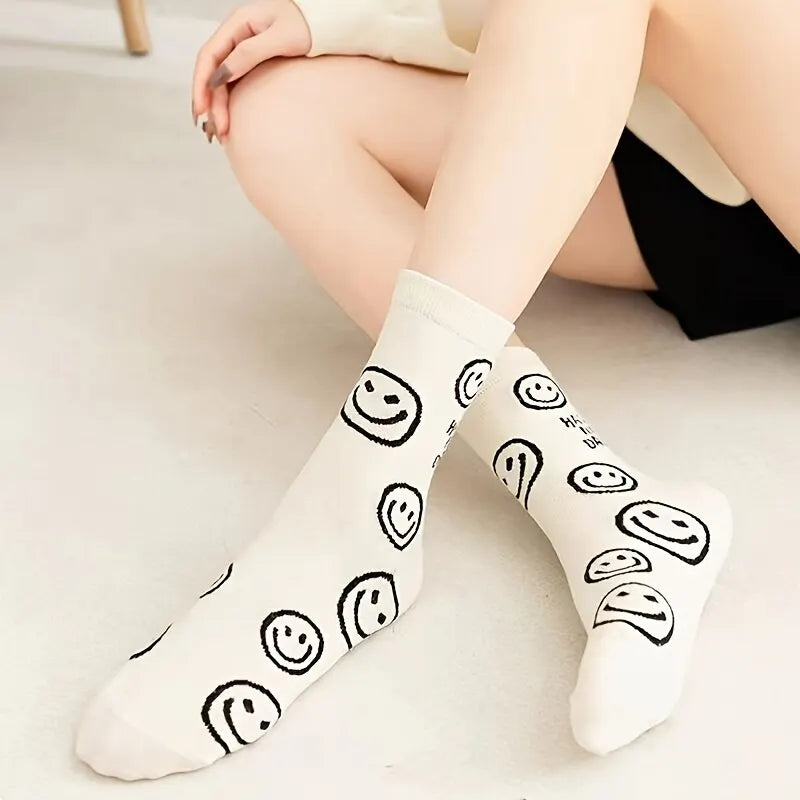 5 Pairs Happy Face Crew Socks , Cartoon Cat Breathable Cotton Mid Tube Socks, Women's Stockings & Hosiery