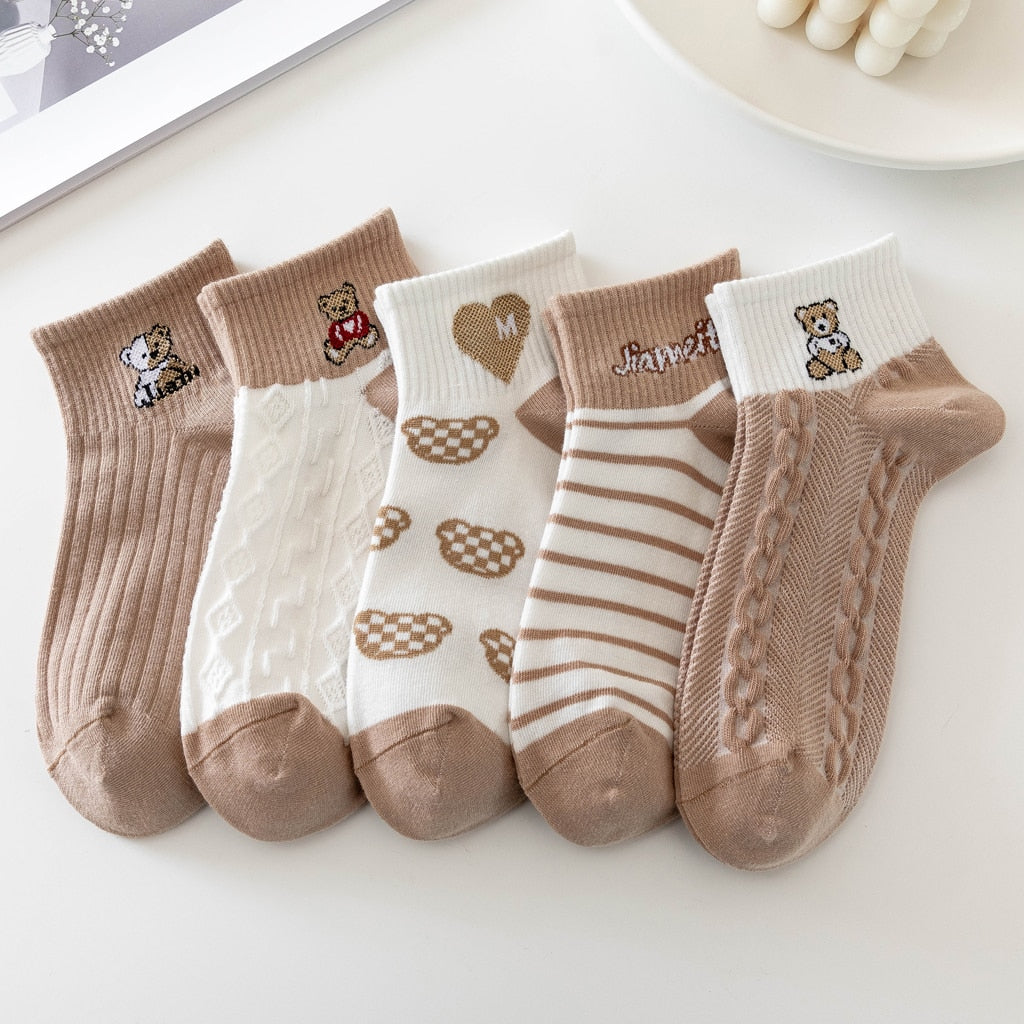 5 Pairs Socks Sets Women Elegant Retro Polyester Cotton Low Tube Women Socks Breathable Japanese Style Casual Cotton Short Sock